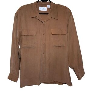 Vintage Brown Velvet Silk Button-Down Shirt Sz L Relaxed Boyfriend Long Sleeve